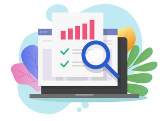 Financial audit research online on computer laptop or pc web analysis or analytics digital report vector flat, idea of accounting or sales finance market statistic inspection or quality evaluation