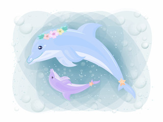Mother Dolphin and Her Child in Under the Blue Sea