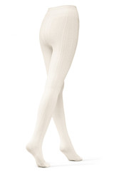 Detailed back shot of black lacy fishnet tights with fancy jacquard pattern. A female figure in the...