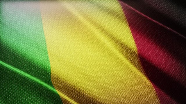 4k Mali National flag slow waving with visible wrinkles in Malian wind blue sky seamless loop background.A fully digital rendering;animation loops at 40 seconds;smooth texture.