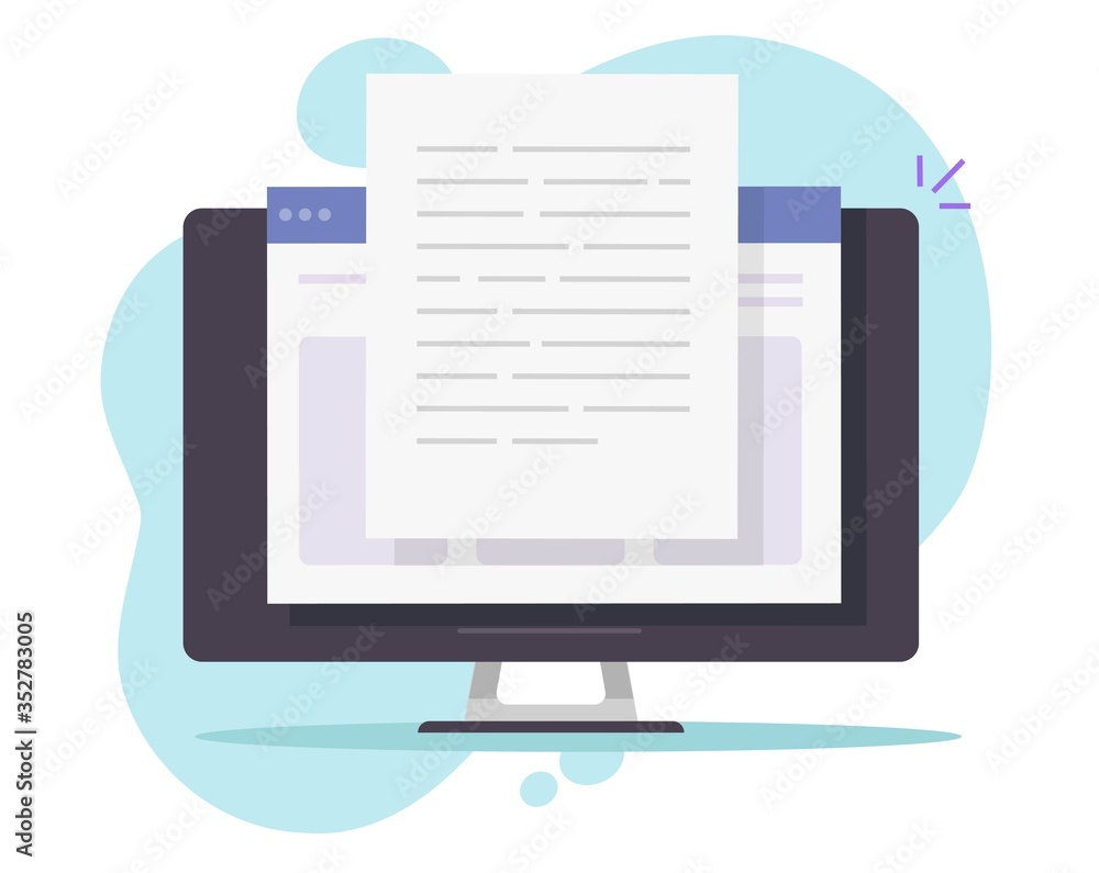 Poster writing text document content online vector on desktop computer or creating essay or book on pc flat