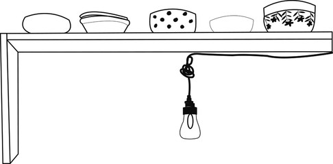 Top shelf with dishes and a light bulb on a cord. A linear pattern. Vector graphics