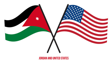 Jordan and United States Flags Crossed And Waving Flat Style. Official Proportion. Correct Colors