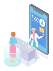 Flat isometric illustration of smartphone with medical app. Online consultation with doctor, physician. Lab assistant show results of medical test, hold flask. Income message at screen of phone