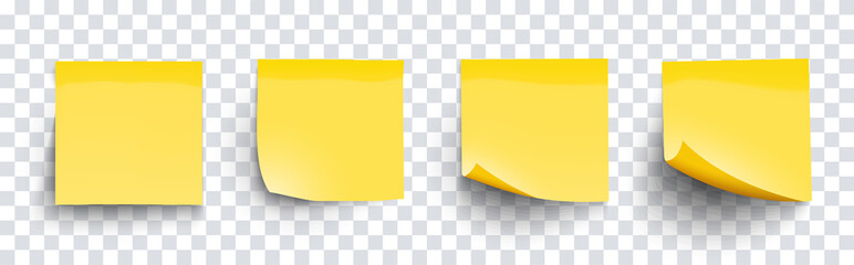 Realistic set sticky note yellow colors isolated on transparent background. Mockup blank yellow sticky notes with shadow for your design. Vector illustration EPS10