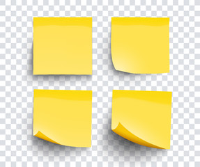 Realistic set sticky note yellow colors isolated on transparent background. Mockup blank yellow sticky notes with shadow for your design. Vector illustration EPS10