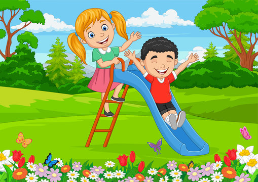 Cartoon little kids playing sliding down in the park