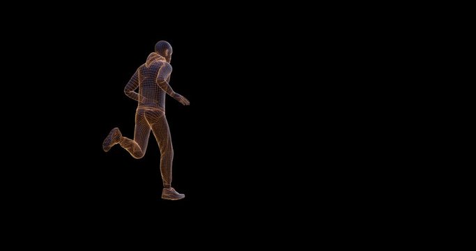 A man running against a black background with copy space. Back view. 4K 3D render with alpha matte channel included