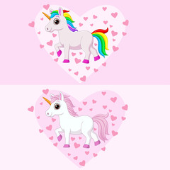 Cute pink and white unicorns with various colors manes and tails