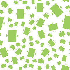 Seamless pattern texture background with geometric shapes, colored and rotated in different sizes in green, white colors.