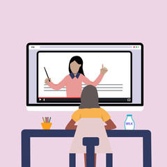The girl using the computer studying through online e-learning system.Vector illustration concepts for online learning at home in Covid-19 crisis.