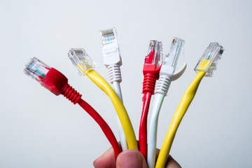 man hand holding Ethernet cables on white background