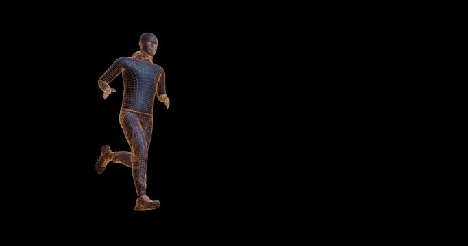 A man running against a black background with copy space. Front low left view. 4K 3D render with alpha matte channel included