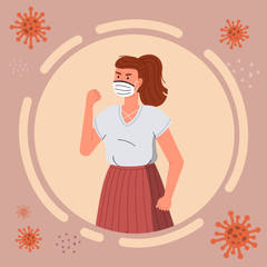 Cartoon icon, portrait of woman in face medical mask isolated in circle, flying virus pathogen around. Brunette female show stop gesture to virus spreading. Cartoon character in flat vector style
