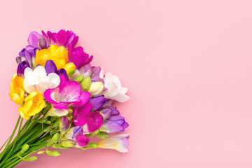 Bouquet of sprig freesia flowers isolated on pink background Floral holiday card Top view Flat lay