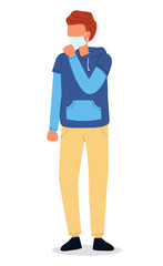 Vector illustration of young red haired man in hoodie wearing face medical mask is coughing at white background. Viral pandemic. Coronavirus 2019-ncov flu. Respiratory protection from virus pandemia