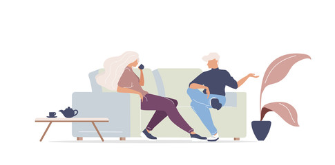 Man and woman drinking coffee flat color vector faceless characters. Friends meeting at home. Couple relaxing in coffee house isolated cartoon illustration for web graphic design and animation