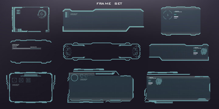 Techno frame interface set. User interface digital holographic frames with HUD elements. Set of modern digital frames user interface. Virtual display