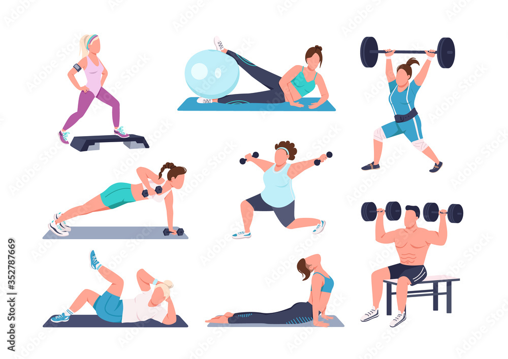 Poster working out people flat color vector faceless characters set. different physical exercises isolated 
