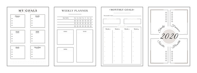 2020 annual goals minimalist planner page set. Spread for finance goal. Life category to write resolution notes. Monthly personal organizer printable sheet layout. Vertical insert for diary - Powered by Adobe