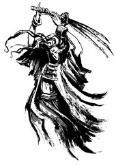 A handsome young Japanese swordsman swings a katana in the air, his kimono and hair flying in the wind. 2D illustration.