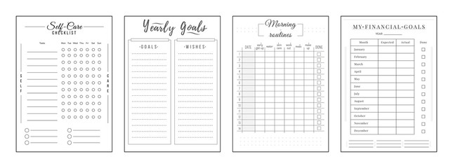 Annual resolution minimalist planner page set. Self care checklist. Goals and wishes. Finance management. Timetable personal organizer printable sheet layout. Vertical insert for diary