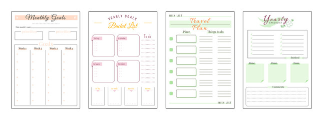Goals and wishes minimalist planner page set. Monthly priorities. Habit track weekly. Travel and trip plan. Bucket list personal organizer printable sheet layout. Vertical insert for diary
