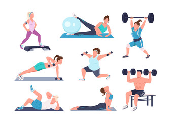 Working out people flat color vector faceless characters set. Different physical exercises isolated cartoon illustrations on white background. Fitness at home. Bodybuilding, yoga and pilates
