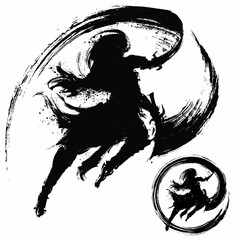The silhouette of a ninja with two daggers in an epic jump pose, makes a cut with splashes in the air, with an ink trail. 2D illustration. © warmtail