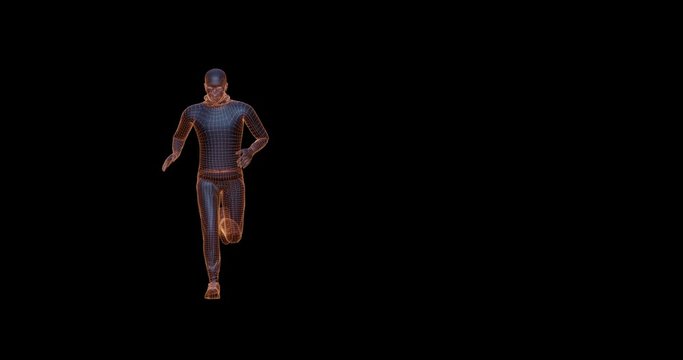 A man running against a black background with copy space. Front view. 4K 3D render with alpha matte channel included
