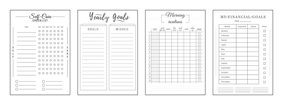 Annual resolution minimalist planner page set. Self care checklist. Goals and wishes. Finance management. Timetable personal organizer printable sheet layout. Vertical insert for diary