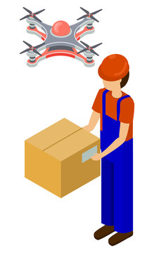 Delivery man holding cardboard parcel, quadcopter wireless device, business innovation. Aerial control or delivery of case, man with box, drone equipment, flight transport, discovery symbol vector