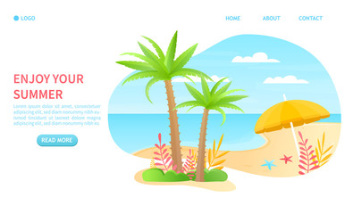 Fototapeta na wymiar Summer greeting card concept. Suitable for landing page, web design, banner, header, poster and advertising Template of travel and summer vacation on the beach Light summer colors Vector Illustration