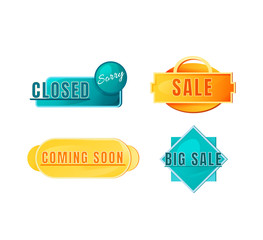 Shopping vector board sign illustrations set. Shop signboard designs pack with typography. Opening announcement, sale promo banners isolated objects on white background. Advertising storefront signs