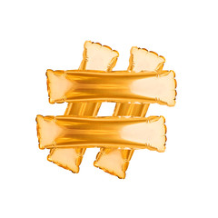 Hashtag sign made from golden balloons isolated on white. Hashtag symbol, sharing tagged message, internet post, blogging, web promoting, viral content. Social media trends. Gold alphabet balloons