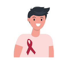 Smiling man with red ribbon on chest. World AIDS day. Awareness campaign. Fight against disease. Flat vector illustration.