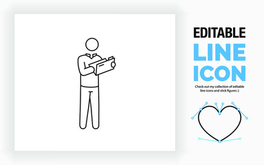 Editable line icon of a stick figure person opening a file, part of a huge set of stick figures! 