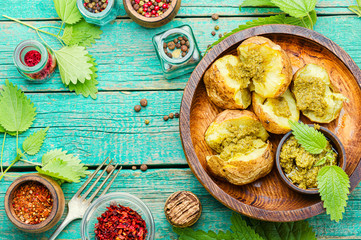 Home baked potato with greens.