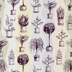 Fototapete Pflanzen in Töpfen Zimmerpflanzen nahtlose Muster. Vektorbild mit Hand zeichnen Muster.