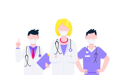 Successful team of medical employee doctors with face masks vector illustration isolated on white background. Three hospital or medic clinic staff doctors standing up with equipment.