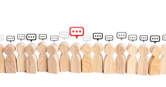People figures with comment clouds above their heads. Communication in civil society. Cooperation and Collaboration. Commenting on feedback, participation in discussion. Brainstorming, fresh new ideas