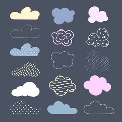 Set of decorative clouds. They are painted with spots, stripes, strokes, peas, dots