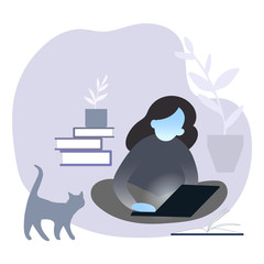 Monochrome picture of people with laptop. Isolated vector flat illustration of characters with notebook. Collection of office person working at home. Online education, studying indoors.