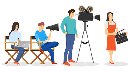 Film production. The director and cameraman make the film. Vector illustration.