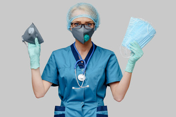 female doctor with stethoscope wearing protective mask and latex gloves over light grey background