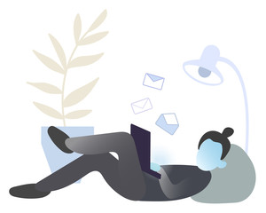 Monochrome picture of people with laptop. Isolated vector flat illustration of characters with notebook. Collection of office person working at home. Online education, studying indoors.