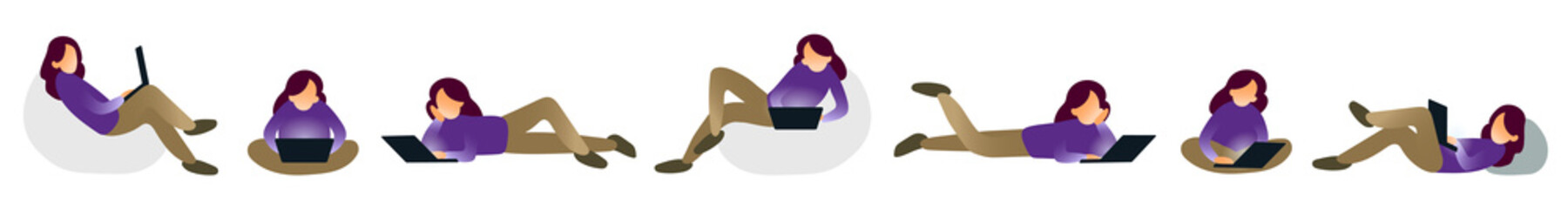 Colour set of people with laptop. Isolated vector flat illustration of characters with notebook. Collection of office person working at home. Online education, studying indoors.