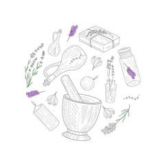 Natural Cosmetics, Lavender Flowers, Perfumes and Cosmetics Ingredients of Round Shape Vector Illustration