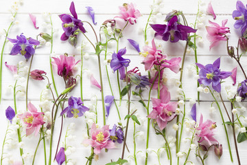 Flowers flat design. Floral pattern with pink and purple Aquilegia and Convallaria flowers. Flowers texture. Flat lay, top view