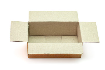 Cardboard box opened empty isolated on white background. The orange parcel cardboard box for packages delivery. Clipping path include